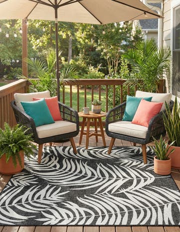 Charcoal Easy-Clean Botanical Indoor / Outdoor Square Rug