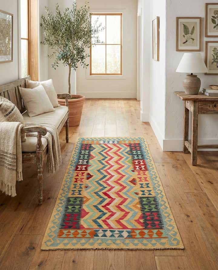 3' 8 x 6' 3 Hand Woven Kilim Maymana Wool Runner Rug