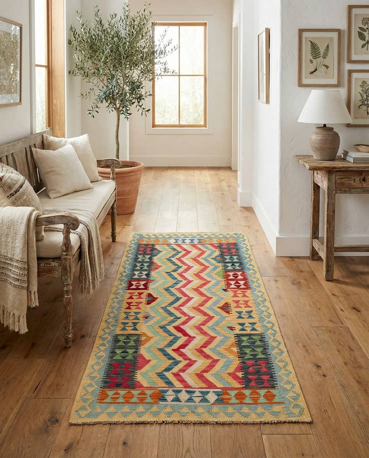 Detail image of 3' 8 x 6' 3 Hand Woven Kilim Maymana Wool Runner Rug