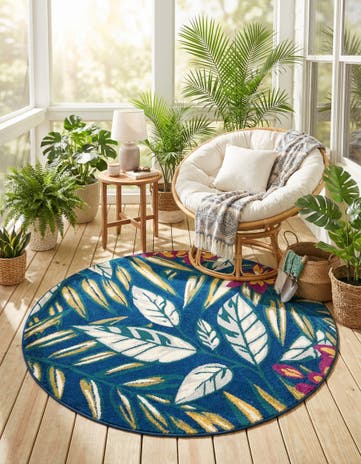 Navy Blue Bloom Round Rug