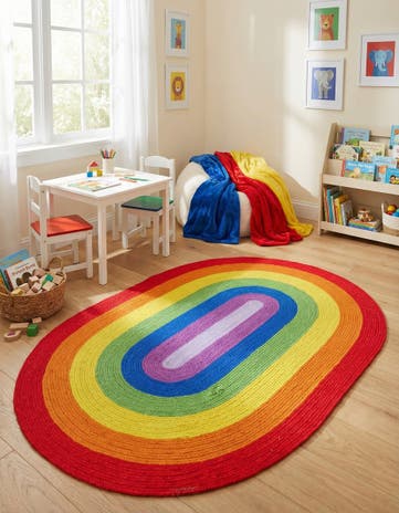 4' 1 x 6' 1 Handmade Hand Braided Rainbow Wool Oval Rug