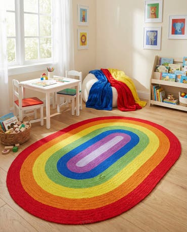  4' 1 x 6' 1  Hand Hand Braided Rainbow Wool Oval Rug