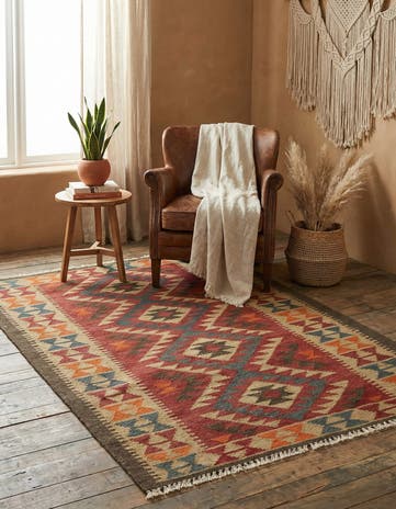 3' 4 x 4' 8 Hand Woven Kilim Maymana Wool Rug