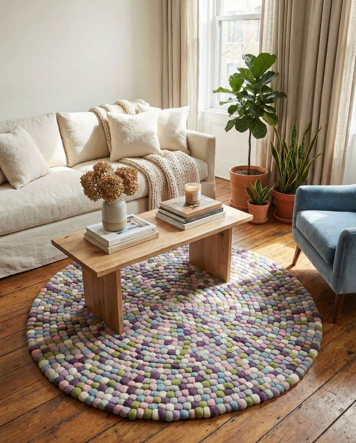 5' 1 x 5' 1 Felt Ball Wool Round Rug