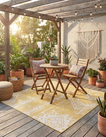 Yellow Easy-Clean Bohemian Indoor / Outdoor Square Rug