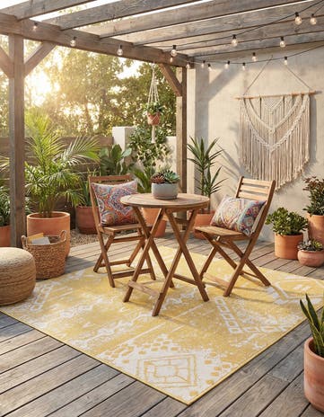 Yellow Easy-Clean Bohemian Indoor / Outdoor Square Rug