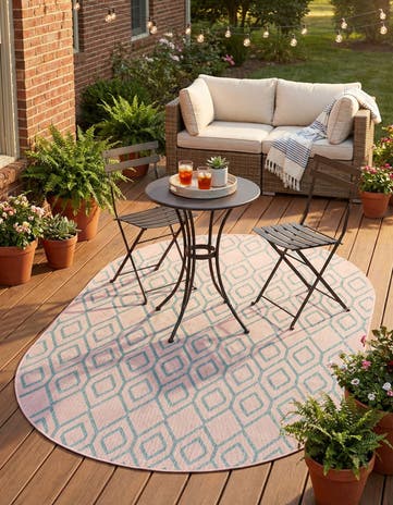 Pink and Aqua Easy-Clean Jill Zarin Turks and Caicos Indoor / Outdoor Oval Rug