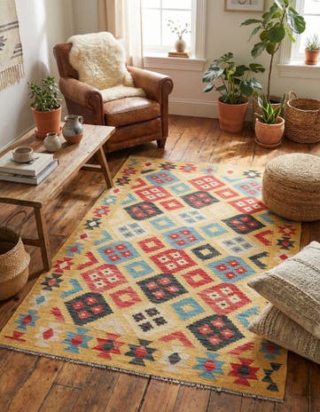 4' 1 x 6' 2 Hand Woven Kilim Maymana Wool Rug