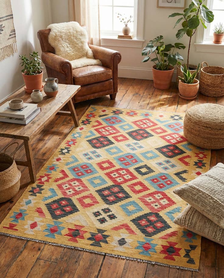 Detail image of 4' 1 x 6' 2 Hand Woven Kilim Maymana Wool Rug