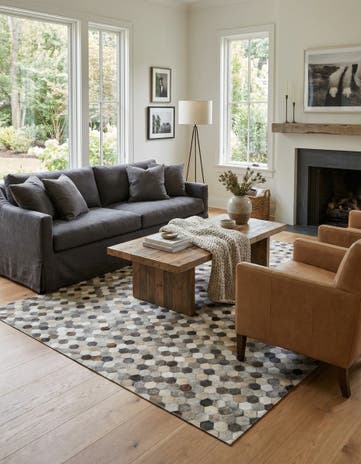 Ivory Gray Cowhide Leather Square Rug