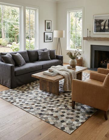 Ivory Gray Cowhide Leather Square Rug