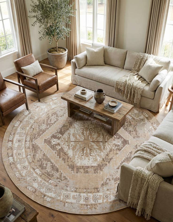 Detail image of 13' x 13' Easy-Clean Traditional Indoor / Outdoor Round Rug
