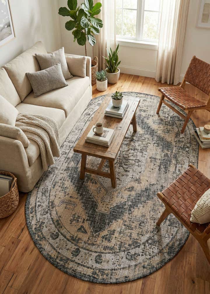 5' 3 x 8' Easy-Clean Traditional Indoor / Outdoor Oval Rug