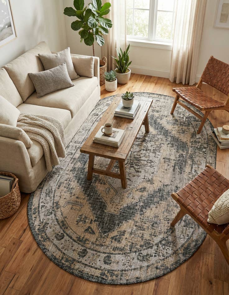 Detail image of 5' 3 x 8' Easy-Clean Traditional Indoor / Outdoor Oval Rug