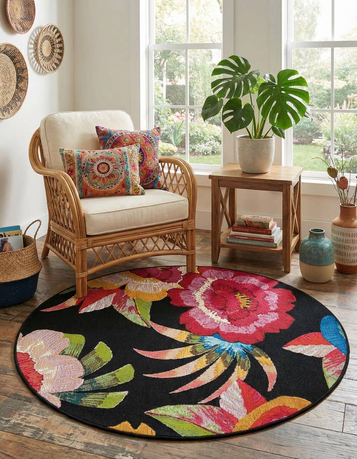 Detail image of  4' x 4'  Washable Botanical Indoor / Outdoor Round Rug