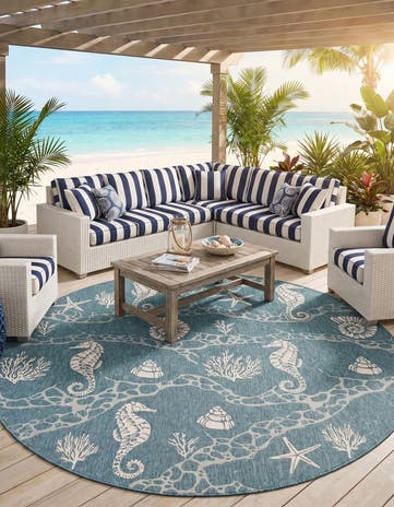 Aqua Easy-Clean Coastal Indoor / Outdoor Round Rug