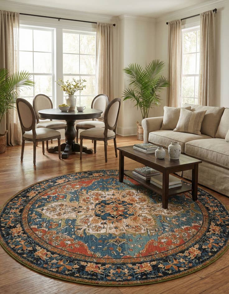 Detail image of 7' 10 x 7' 10 Easy-Clean Traditional Indoor / Outdoor Round Rug