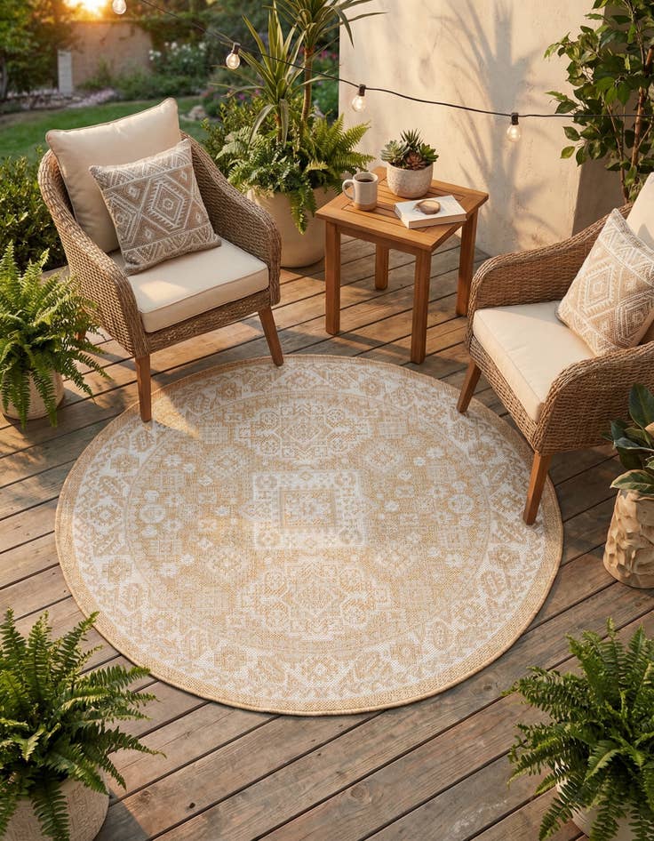 Detail image of 4' x 4'  Washable Aztec Indoor / Outdoor Round Rug