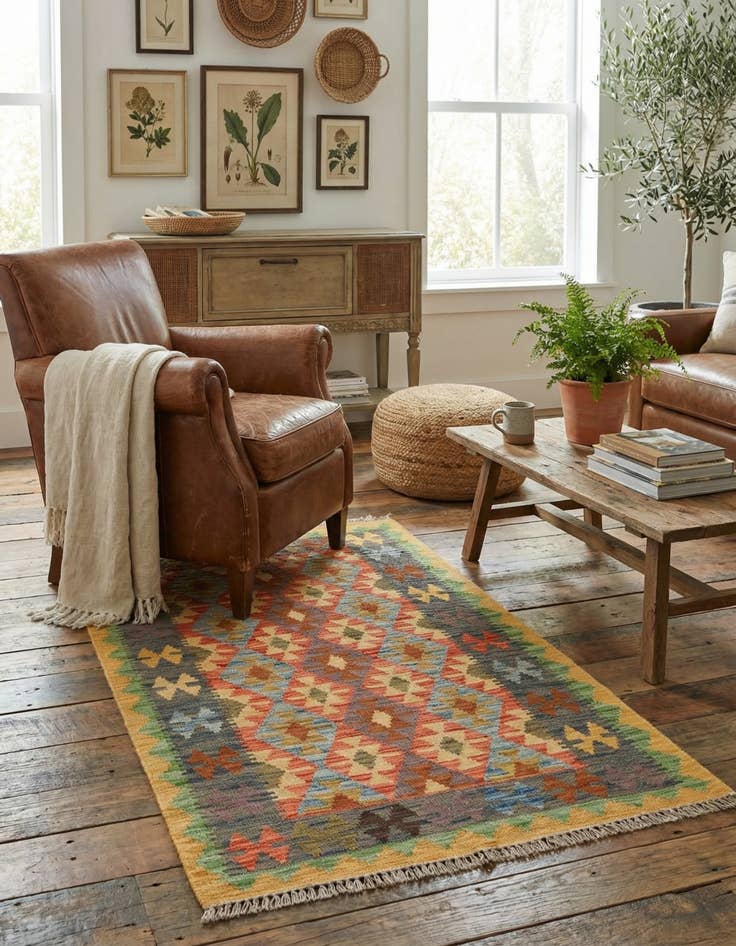 Detail image of 3' 2 x 4' 10  Hand Woven Kilim Maymana Wool Rug