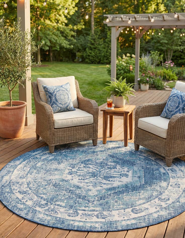 Detail image of 7' 10 x 7' 10  Washable Traditional Indoor / Outdoor Round Rug