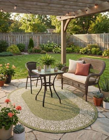 5' 3 x 8' Easy-Clean Border Indoor / Outdoor Oval Rug