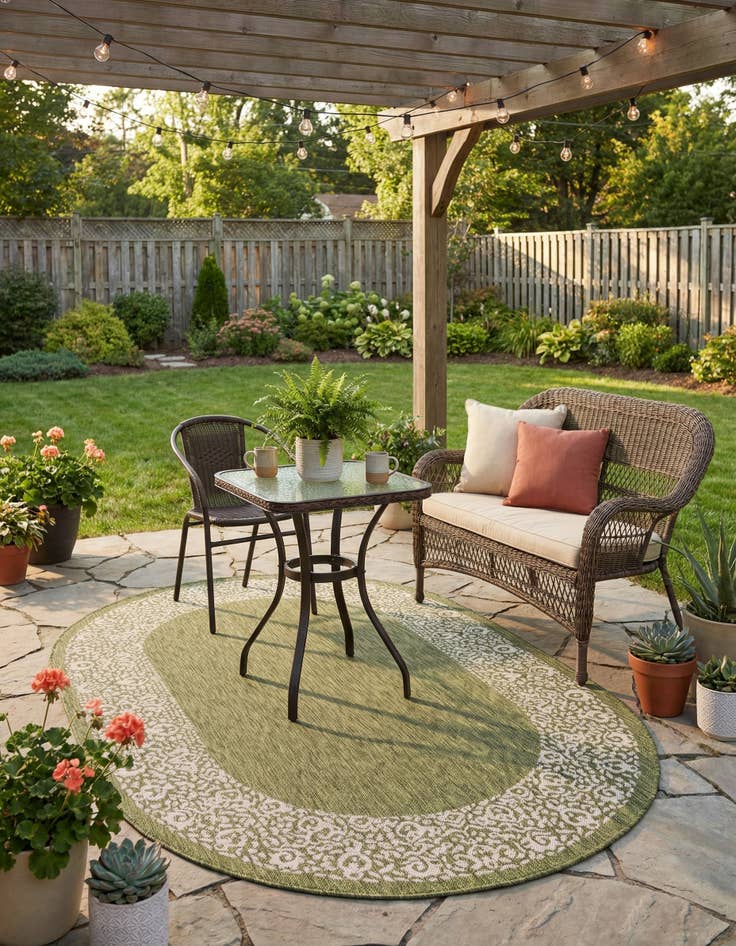 Detail image of 5' 3 x 8' Easy-Clean Border Indoor / Outdoor Oval Rug