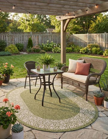 5' 3 x 8' Easy-Clean Border Indoor / Outdoor Oval Rug