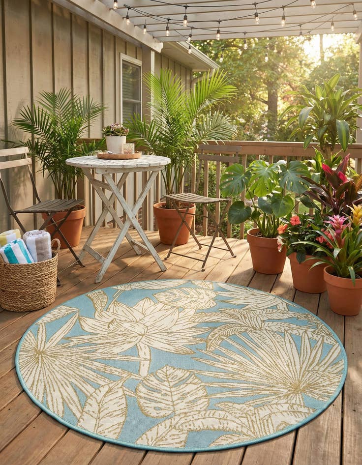 Detail image of 3' x 3'  Washable Botanical Indoor / Outdoor Round Rug