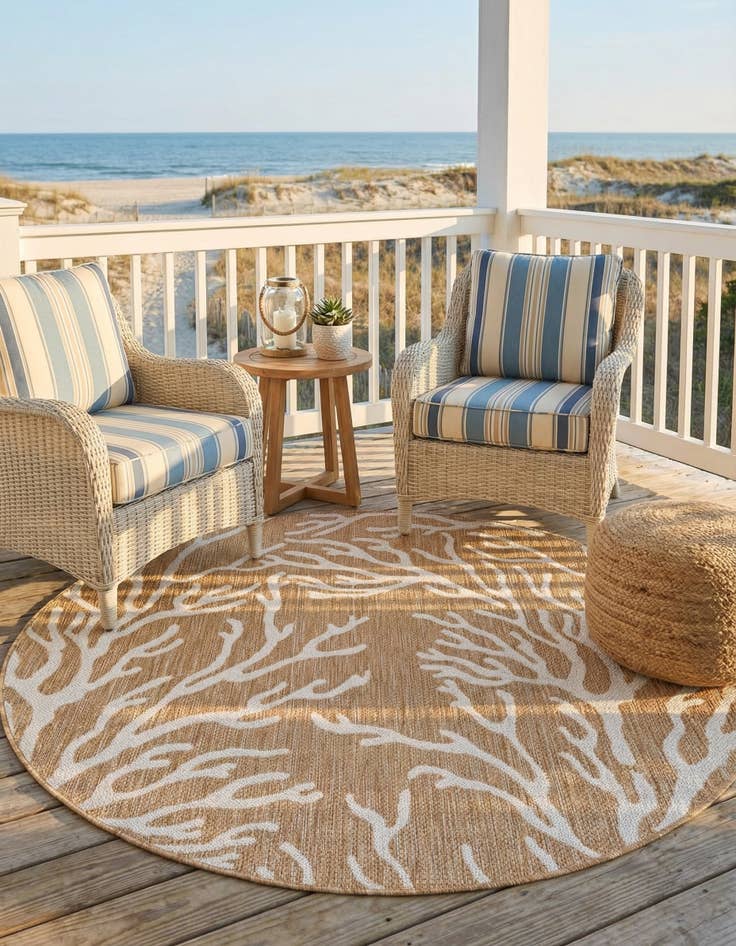 Detail image of 5' 3 x 5' 3  Washable Coastal Indoor / Outdoor Round Rug