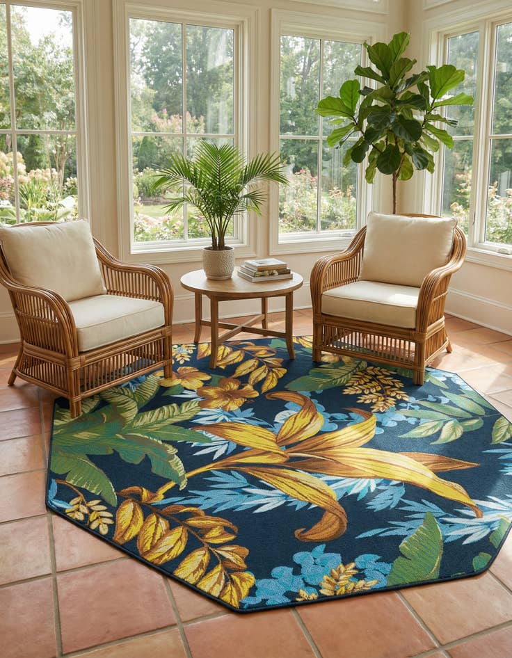 Detail image of  7' x 7'  Washable Botanical Indoor / Outdoor Octagon Rug