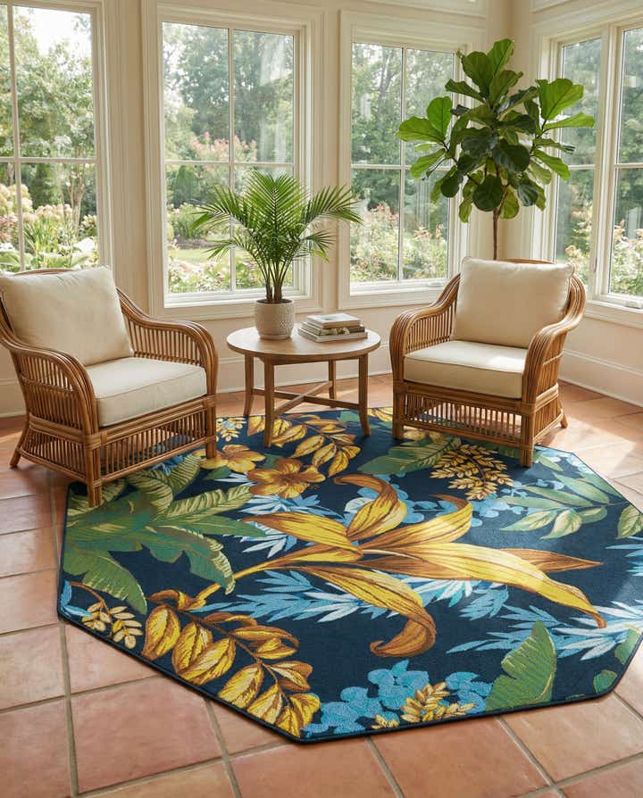 7' x 7' Easy-Clean Botanical Indoor / Outdoor Octagon Rug