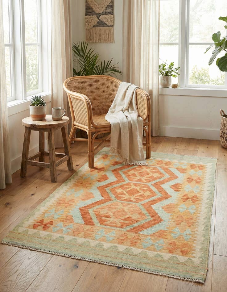 Detail image of 3' 2 x 4' 10  Hand Woven Kilim Waziri Wool Rug