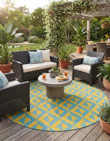 Yellow and Aqua Easy-Clean Jill Zarin Napa Indoor / Outdoor Round Rug