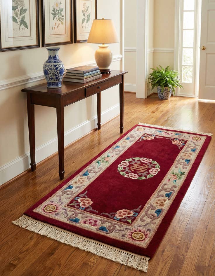 Detail image of 2' 5 x 4' 9  Hand Knotted Carved Pekin Oriental Wool Runner Rug