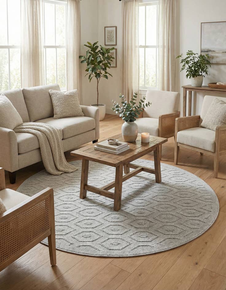 Detail image of 5' 3 x 5' 3  Washable Trellis Textured Indoor / Outdoor Round Rug