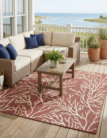 Rust Red Easy-Clean Coastal Indoor / Outdoor Square Rug