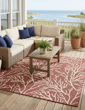 Rust Red Easy-Clean Coastal Indoor / Outdoor Square Rug