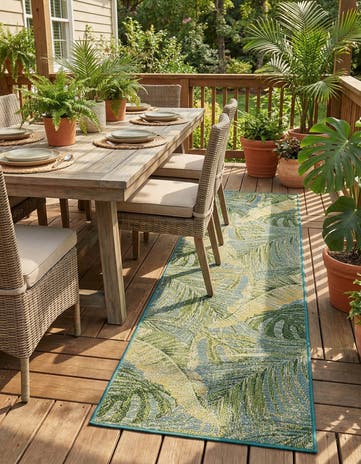 Green Blue Easy-Clean Botanical Indoor / Outdoor Runner Rug