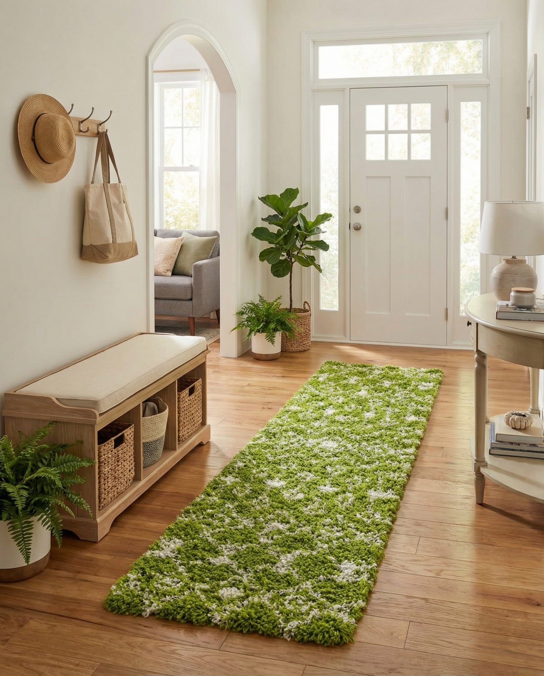 A vibrant green and white Moroccan Trellis Shag runner rug with a tribal, abstract pattern, ideal for a hallway.