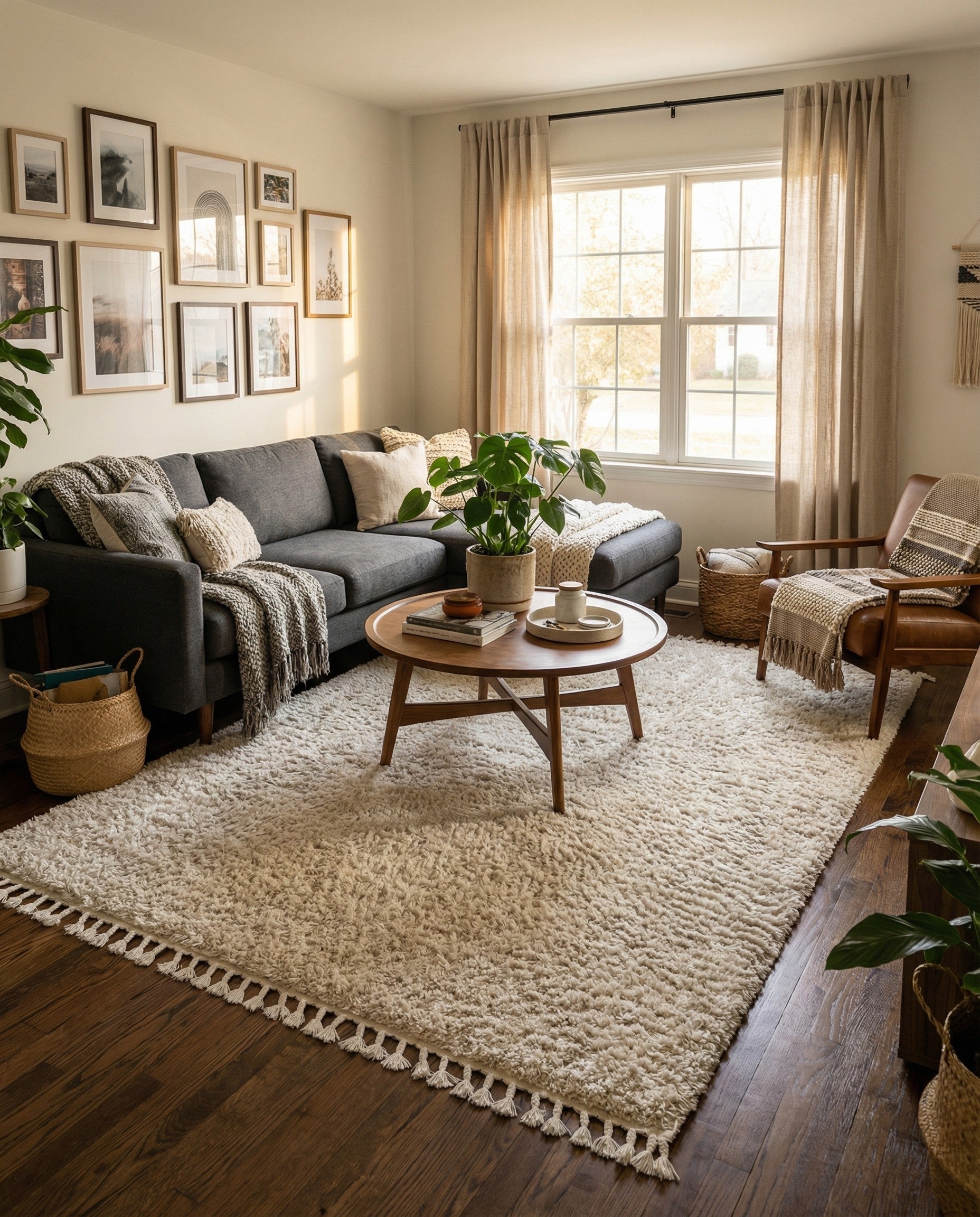 A soft 9x12 rectangular ivory shag rug with subtle texture and tasseled edges, perfect for a cozy living room.