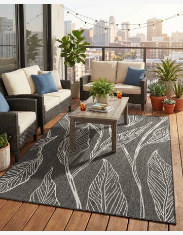 Ivory Charcoal Easy-Clean Botanical Indoor / Outdoor Rug