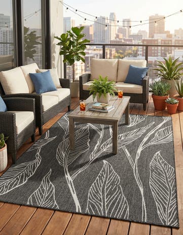 Ivory Charcoal Easy-Clean Botanical Indoor / Outdoor Rug