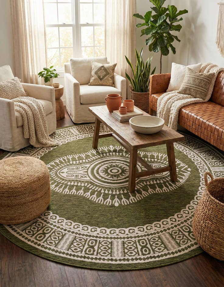 Detail image of  10' x 10'  Washable Traditional Indoor / Outdoor Round Rug