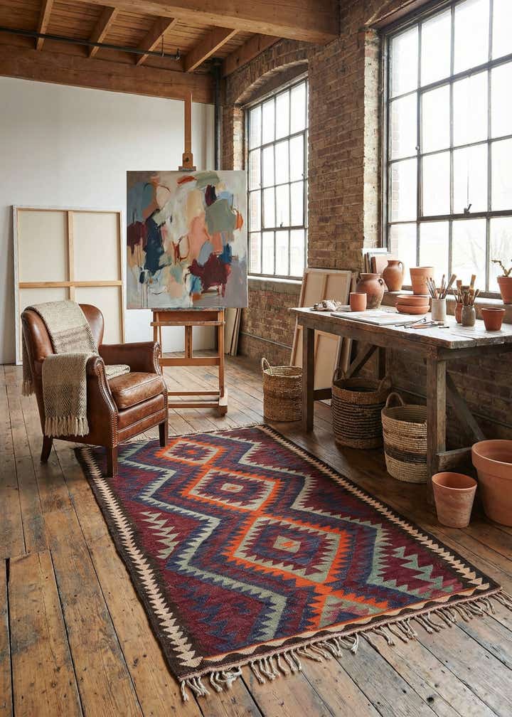 4' 3 x 7' 8 Hand Woven Kilim Fars Wool Rug