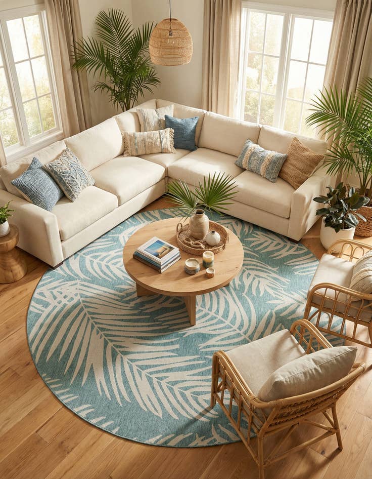 Detail image of 13' x 13'  Washable Botanical Indoor / Outdoor Round Rug