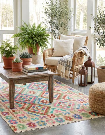 4' 2 x 6' 2 Hand Woven Kilim Maymana Wool Rug