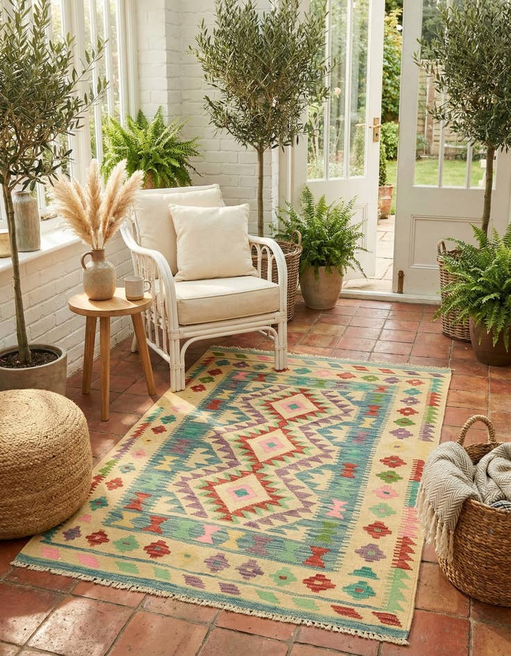 Detail image of 3' 5 x 4' 10  Hand Woven Kilim Maymana Wool Rug