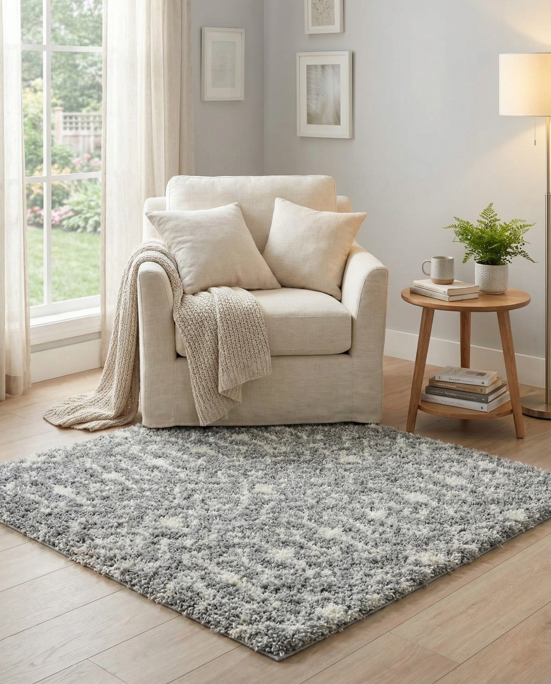 A square 3'x3' gray and white shag rug featuring a subtle tribal trellis pattern, perfect for a cozy living room.