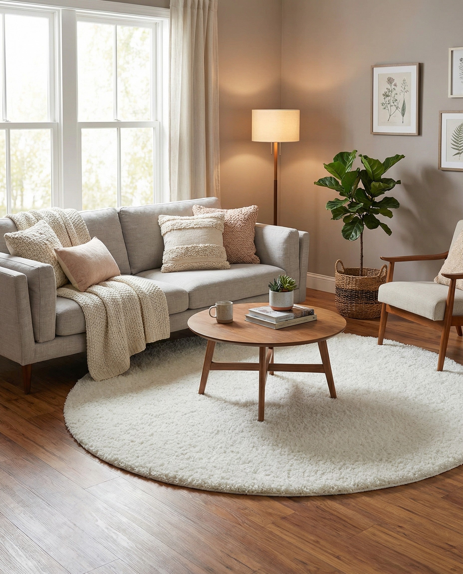 A soft, plush Zermatt Shag round rug in a solid white color, perfect for adding comfort to any indoor space.