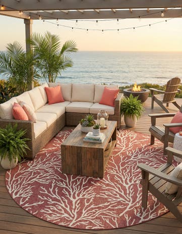 Rust Red Easy-Clean Coastal Indoor / Outdoor Round Rug